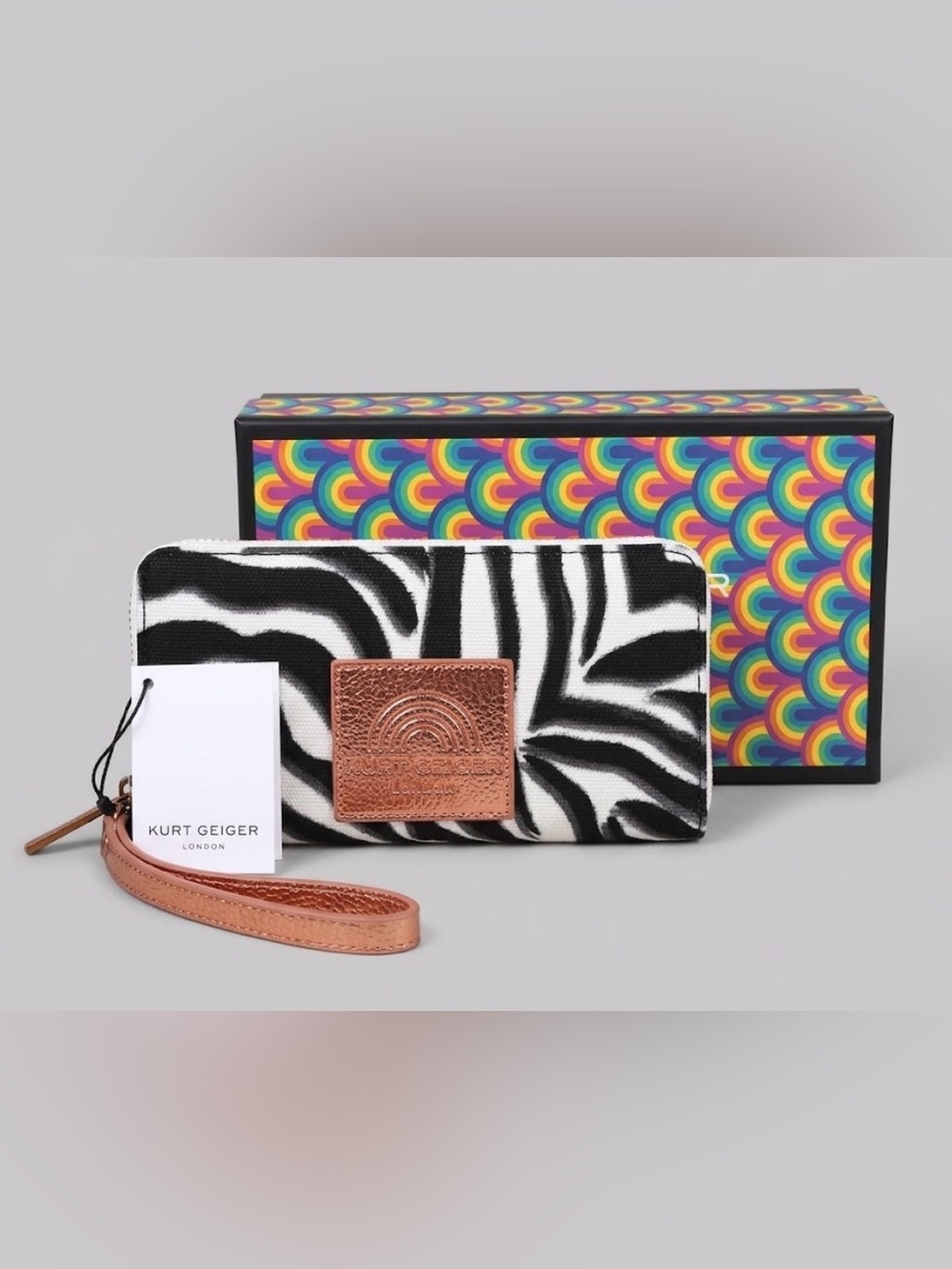 Kurt Geiger London Zebra Canvas Wristlet Wallet Metallic Rose Gold Accent NIB